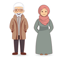 Senior, elder muslim man and woman character illustration