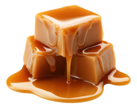 Caramel candies and caramel sauce isolated.