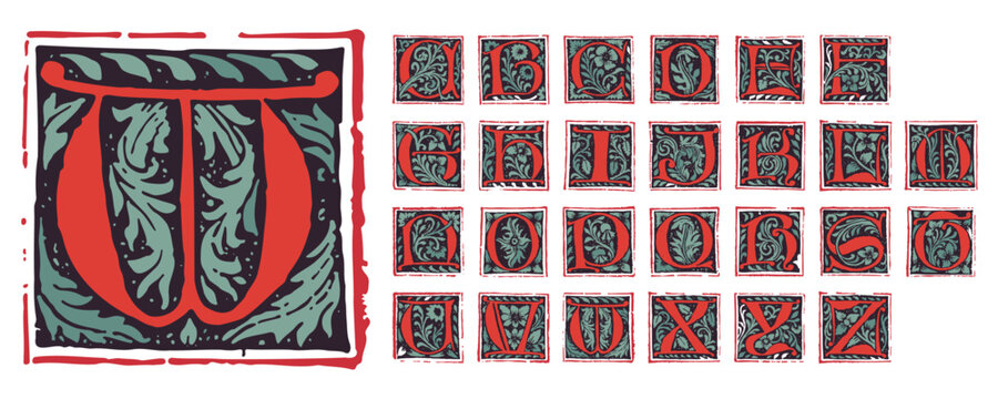 Alphabet set of medieval gothic initials. Blackletter style drop cap logos. Dim colored square shaped illuminated calligraphy. Perfect for Middle Ages poster, vintage identity, historical items.