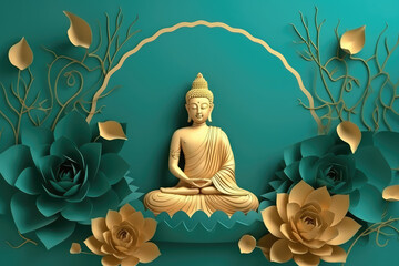 Paper cut style , buddha and glowing lotuses flower with gold style on color background