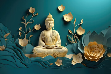 Paper cut style , buddha and glowing lotuses flower with gold style on color background