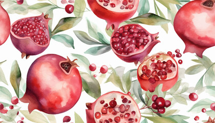 Watercolour pomegranate seamless pattern, soft colors, white background. Design for cosmetics, spa, pomegranate juice, health care products, perfume