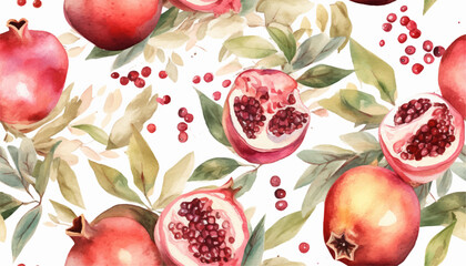Watercolour pomegranate seamless pattern, soft colors, white background. Design for cosmetics, spa, pomegranate juice, health care products, perfume