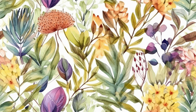 Fototapeta Modern colorful tropical floral pattern, exotic watercolor plants, white background. Cute botanical abstract contemporary seamless pattern. Hand drawn unique print.