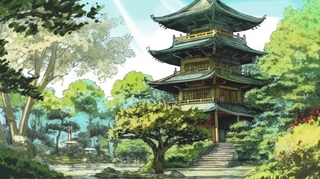 Chinese pagoda in a tranquil garden . Fantasy concept , Illustration painting.