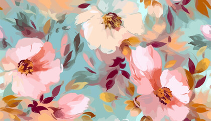 Materiał do szycia Acrylic painting summer spring flowers pattern, pastel pink colors, Bright hand drawn blossom artistic flowers print. Modern botanical pattern. Fashionable template for design