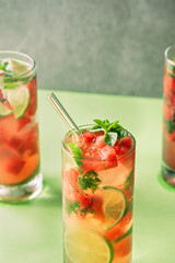 Watermelon with peppermint and lemon sodas