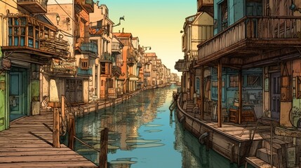 Fototapeta na wymiar Charming canal town exploration . Fantasy concept , Illustration painting.