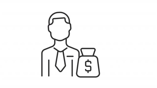Animated capitalist line icon. Taking off rocket from money bag animation. Venture capital. Startup business. Loop HD video with alpha channel, transparent background. Outline motion graphic