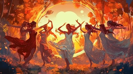 Fototapeta premium Charming faeries dancing in a circle . Fantasy concept , Illustration painting.