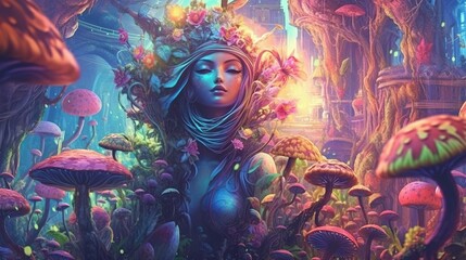 Charming plant spirits living in an enchanted garden . Fantasy concept , Illustration painting.
