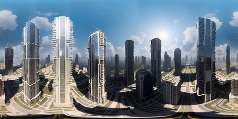Fototapeta na wymiar Full 360 degrees seamless spherical panorama HDRI equirectangular projection of City Skyscrapers Day. Texture environment map for lighting and reflection source rendering 3d scenes.