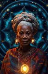 Wise elder afro-american woman, beautiful esoteric shaman, mother of love and compassion. Concept of karma, starssed. Spirituality. 