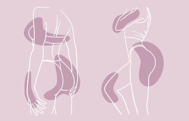 Body woman white line art drawing with shape on pink background. Minimal design. Vector outline illustration
