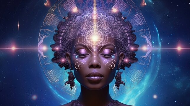 African female spiritual guide, young starseed woman, concept of love, meditation incarnarion, compassion, cosmos, univers, connection, connected, stars, all. Mother, sister, daughter. Universal love