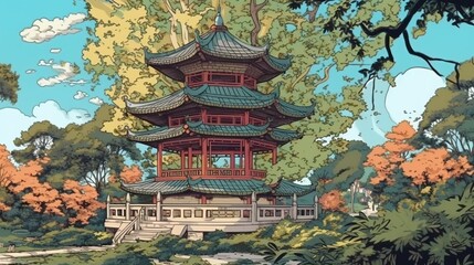 Chinese pagoda in a tranquil garden . Fantasy concept , Illustration painting.