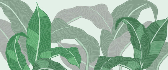 Tropical leaf line art background vector. Natural botanical leaves pattern design in linear contour simple style. Plant illustration for fabric, print, cover, banner, decoration, wallpaper.