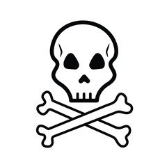 Skull with face and x shaped bone vector icon outline isolated on square white background. Simple flat cartoon art styled drawing with cyber internet security.