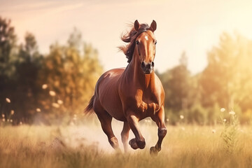 A beautiful thoroughbred horse runs fast in the field, AI generation - obrazy, fototapety, plakaty