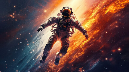 Fototapeta premium An astronaut in outer space against the backdrop of a picturesque Universe, AI generation