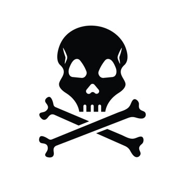 Skull with face and x shaped bone black silhouette vector icon isolated on square white background. Simple flat cartoon art styled drawing with cyber internet security.