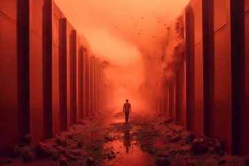 Tuinposter Passage through hell into the heaven in the distance surreal red tones with mist Generative AI © LayerAce.com