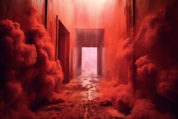 Passage through hell into the heaven in the distance surreal red tones with mist Generative AI