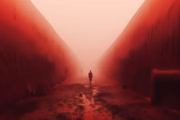Fototapete Bordeaux Passage through hell into the heaven in the distance surreal red tones with mist Generative AI