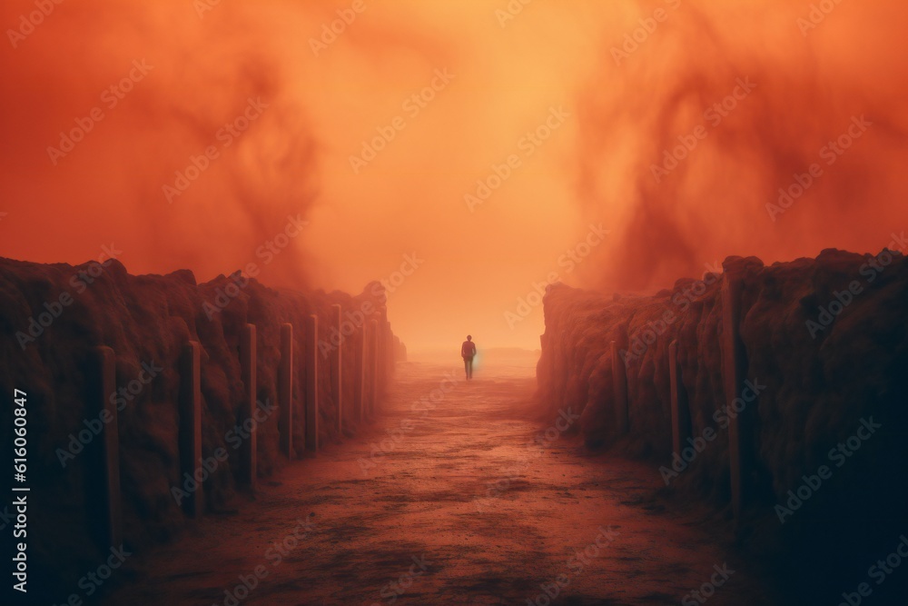 Wall mural passage through hell into the heaven in the distance surreal red tones with mist generative ai