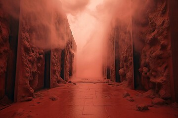 Obraz na płótnie Canvas Passage through hell into the heaven in the distance surreal red tones with mist Generative AI