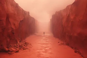 Fotobehang Passage through hell into the heaven in the distance surreal red tones with mist Generative AI © LayerAce.com