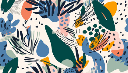 Fototapeta na wymiar Modern abstract exotic floral pattern. Collage trendy seamless pattern. Hand drawn cartoon style illustration