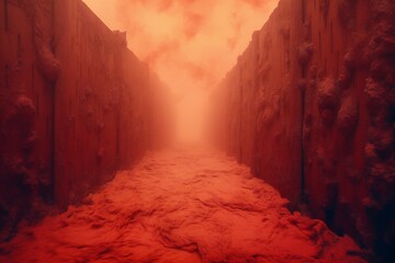 Fototapeta na wymiar Passage through hell into the heaven in the distance surreal red tones with mist Generative AI