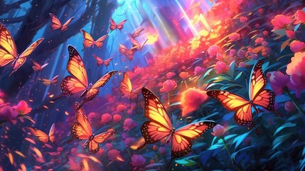 Colorful butterflies fluttering around a mystical garden . Fantasy concept , Illustration painting.