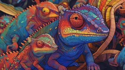 Obraz premium Colorful chameleons blending into their surroundings . Fantasy concept , Illustration painting.