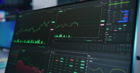 Computer monitor with displayed interface of professional trading app. Stock market graph chart with japanese candlestick animation. Economic graphics of stocks on monitor jumps up and down. Close up.