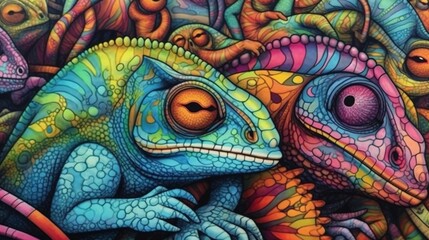 Colorful chameleons blending into their surroundings . Fantasy concept , Illustration painting.
