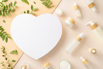 Natural cosmetic products concept. High view photo of empty heart shape surrounded by cosmetics containers, eucalyptus and bracken leaves on isolated two-toned beige background with copy-space