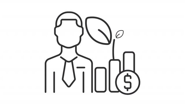 Animated fund manager line icon. Office worker with money chart and seedling growing animation. Financial growth. Loop HD video with alpha channel, transparent background. Outline motion graphic