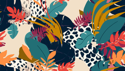 Fototapeta na wymiar Abstract tropical floral print with leopard skin. Cute botanical abstract contemporary seamless pattern. Hand drawn unique print