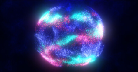 Abstract sphere ball of blue and purple glowing bright flying energy particles and dots abstract background