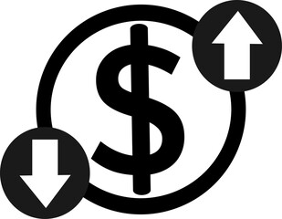 Cost of dollar with arrow down and up. Coin of dollar with loss or growth. Replaceable vector design.