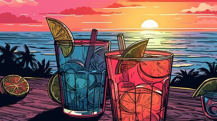 Cocktails on a beach background . Fantasy concept , Illustration painting. - obrazy, fototapety, plakaty