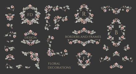 Colorful set  of vintage corners, borders and monogram frames. Contour drawing of flowers and leaves. Classic decorative elements. - obrazy, fototapety, plakaty