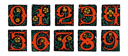 0 to 9 numbers set. Medieval grunge gothic initial. 16th century engraved drop cap. Blackletter style vintage font. Middle Ages capital icons with floral ornament. Vector square shaped calligraphy.