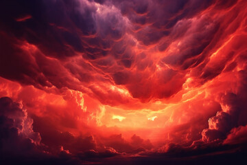 Bright red sunset. Dramatic evening sky with clouds. Fiery skies with space for design. Magic fantasy sky. War, battle, terror, world apocalypse, horror concept