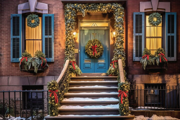 Christmas decoration of a house in the suburbs of an American town at night