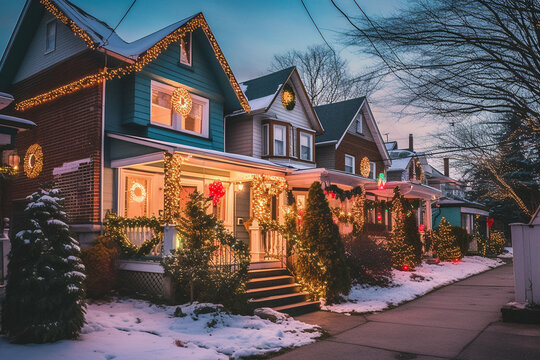 Christmas Decoration Of A House In The Suburbs Of An American Town At Night