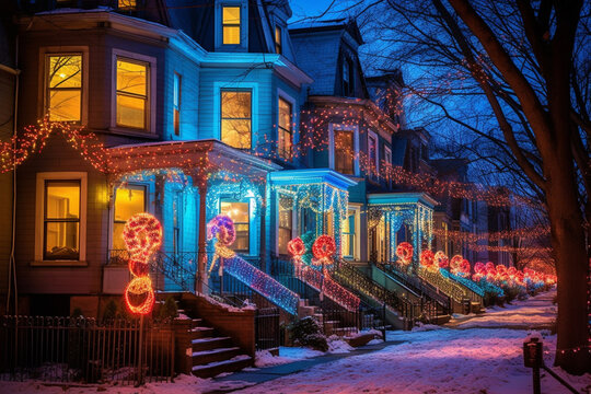 Christmas Decoration Of A House In The Suburbs Of An American Town At Night