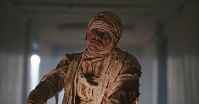 Scary Egyptian mummy creeping down hallway in abandoned cursed house. Creepy ancient zombie walking with clumsy moves - halloween costume 
